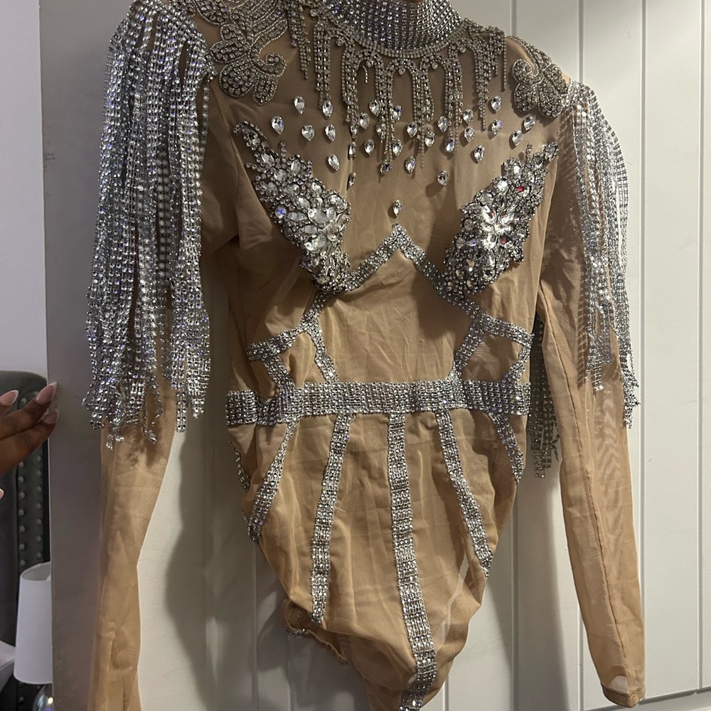 Custom Made Beige Rhinestone Embellished Bodysuit